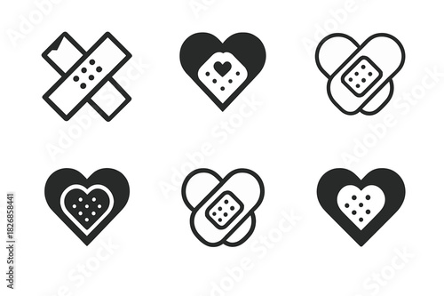 Heart Shaped Plaster Logos. Plaster patch. Icon set. Set Logo of Plaster patch: two plasters forming a heart shape. harmonious logo variations of the same