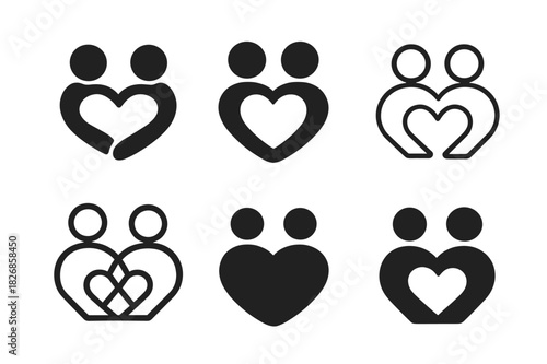 Friendship Logo Variations. Building and maintaining strong friendships. Icon set. Set Logo of building and maintaining strong friendships: heart connection.