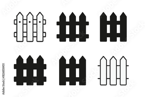 Home Design Icons. Home exterior design and curb appeal. Icon set. Set Logo of home exterior design and curb appeal: picket fence. harmonious logo variations