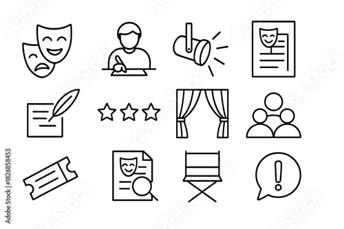 Theater Criticism Icons. Theater Criticism. Line icon set of Theater Criticism: theater mask, critic writing notes, stage spotlight, play script, quill and