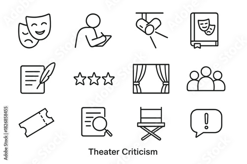 Theater Criticism Icons. Theater Criticism. Line icon set of Theater Criticism: theater mask, critic writing notes, stage spotlight, play script, quill and