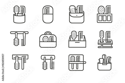 Hair Tools Storage Icons. Hair tools storage. Line icon set of hair tools storage: brush holder, comb case, pouch, organizer tray, hanging rack, travel bag,