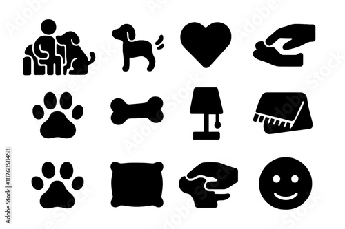 Petting Dog Icons. Petting a dog on a couch. Solid icon set of petting a dog on a couch: person sitting, dog, couch, paw print, heart, hand petting, tail wag,