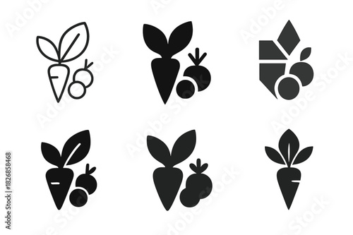 Raw Icon Variations. Raw. Icon set. Set Logo of raw: raw food ingredients. harmonious logo variations of the same emblematic concept, each with different