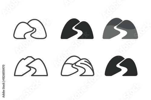 Trail Logo Variations. Trail. Icon set. Set Logo of trail: winding path through hills. harmonious logo variations of the same emblematic concept, each with