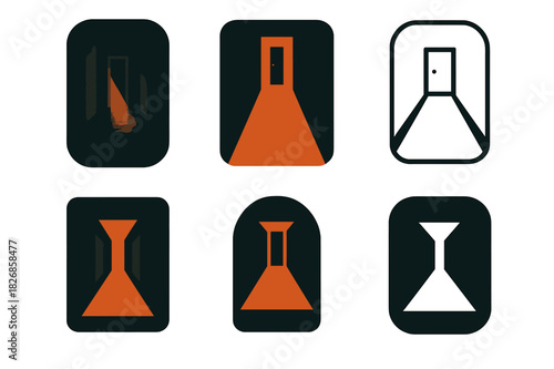 Eerie Hallway Logos. A scene from a horror movie with eerie, dim lighting. Icon set. Set Logo of a horror movie scene with eerie, dim lighting: empty hallway