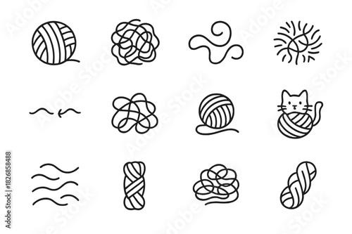 Yarn Entanglement Icons. Yarn entanglement. Line icon set of yarn entanglement: yarn ball, messy skein, curling strand, fuzzy tangle, broken thread,