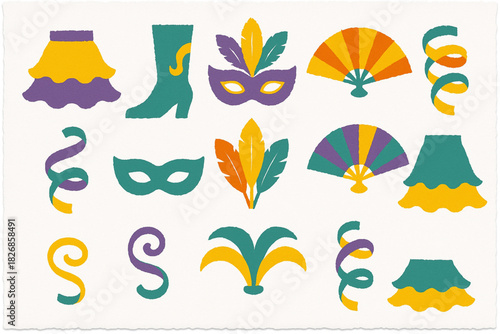 Carnival icon pack torn vector ripped edges skirts boots masks fans ribbons on white background