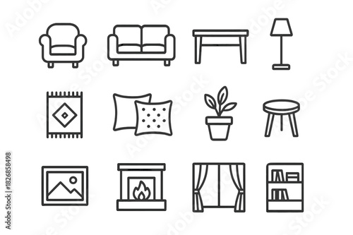 Home Decor Icons. Home Decor. Line icon set of Home Decor: armchair, sofa, coffee table, floor lamp, rug, cushions, potted plant, side table, wall art,