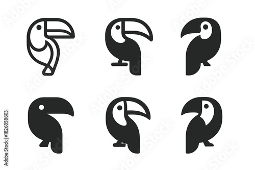 Toucan Logo Variations. Rainforest animals. Icon set. Set Logo of toucan. harmonious logo variations of the same emblematic concept (Symmetrical form, Minimal