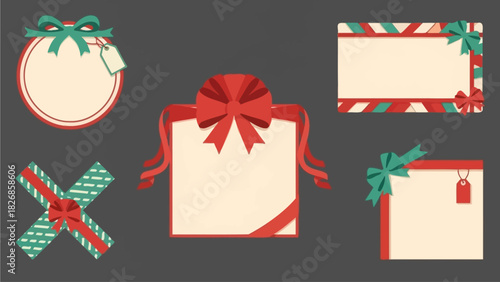 Set of decorative gift boxes and gift tags with ribbons and bows, perfect for holiday and celebration designs
