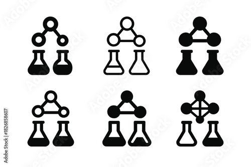 Science Logo Variations. Science experiment setup. Icon set. Set Logo of science experiment setup: molecule and connected flasks. harmonious logo variations of