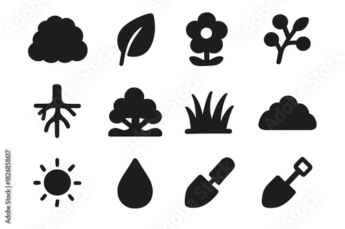 Garden Icon Set. Garden Shrub. Solid icon set of bush, leaf, flower, branch, berries, roots, shrub, grass, soil, sun, water droplet, gardening trowel. Filled