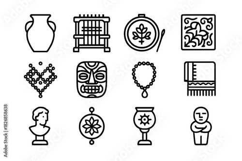 Traditional Craft Icons. Traditional Crafts. Line icon set of Traditional Crafts: pottery, weaving, embroidery, wood carving, beadwork, painted mask, jewelry,