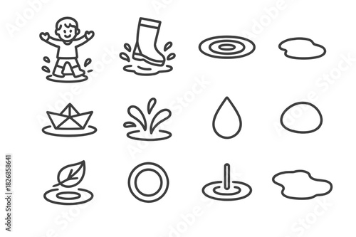 Playful Puddle Icons. Playful Puddles. Line icon set of Playful Puddles: child jumping in puddle, rubber boot splash, water ripple, small puddle, paper boat,