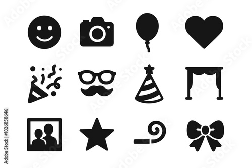 Family Fun Icons. Family Fun. Solid icon set of Family Fun: smiling faces, camera, balloon, heart, confetti, prop glasses, hat, backdrop, frame, star, party
