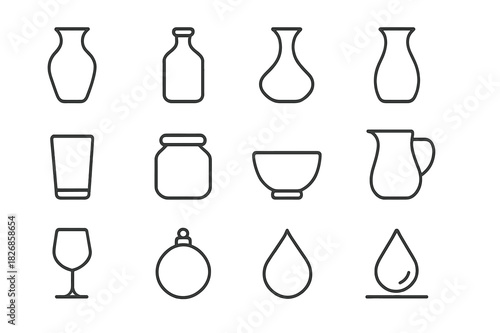 Glassware Icon Set. Glassware. Line icon set of Glassware: vase, bottle, decanter, carafe, glass cup, jar, bowl, pitcher, stemware, ornament,