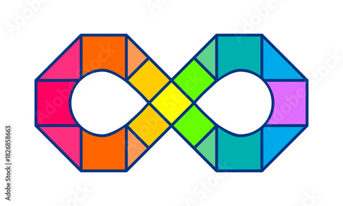 Colorful neurodiversity infinity symbol. Stylized sign in vibrant geometric blocks representing diversity, inclusion, autism awareness, and mental well-being. Clean, modern vector illustration.  