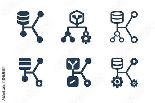 Algorithm Flowchart Logos. Machine learning algorithm flowchart. Icon set. Set Logo of machine learning algorithm flowchart: Model training pipeline.