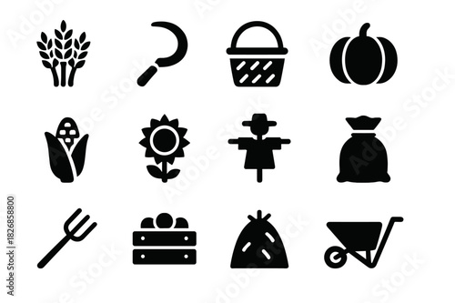 Harvest Icon Set. Harvest time. Solid icon set of harvest time: wheat bundle, sickle, basket, pumpkin, corn, sunflower, scarecrow, sack, pitchfork, crate,