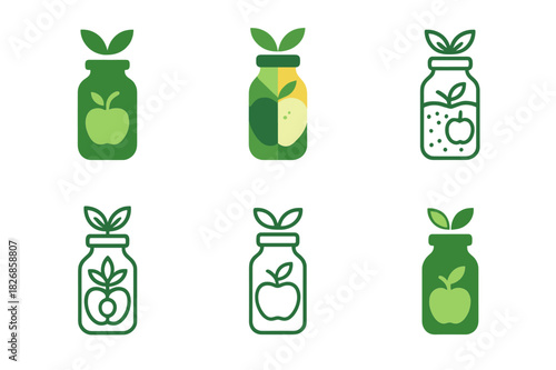Healthy Food Icon Set. Healthy food and nutrition. Icon set. Set Logo of healthy food and nutrition: smoothie bottle. harmonious logo variations of the same