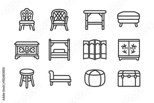 Exotic Furniture Icons. Exotic furniture. Line icon set of exotic furniture: carved wooden chair, rattan armchair, bamboo table, low ottoman, carved chest,