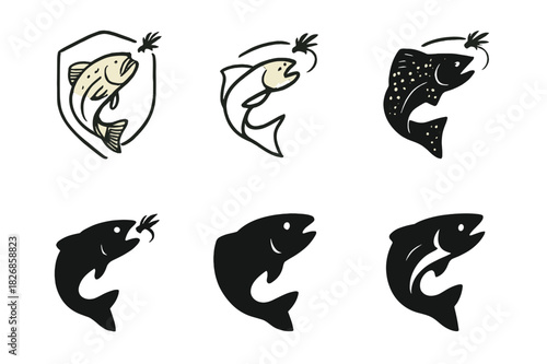 Trout Fly Fishing Icons. Fly fishing and outdoor adventure. Icon set. Set Logo of trout fish. harmonious logo variations of the same emblematic concept