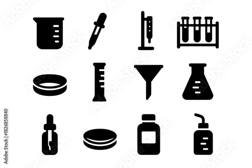 Laboratory Glassware Icons. Laboratory glassware. Solid icon set of laboratory glassware: beaker, pipette, burette, test tube rack, petri dish, measuring