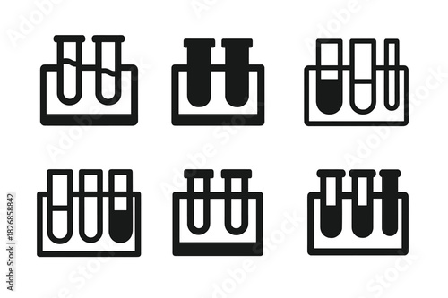Science Icons Collection. Science experiment setup. Icon set. Set Logo of science experiment setup: test tubes on rack. harmonious logo variations of the same