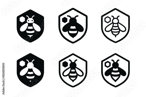 Pollinator Protection Logos. Protecting pollinators. Icon set. Set Logo of protecting pollinators: Bee and honeycomb. harmonious logo variations of the same