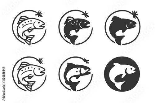 Trout Fly Fishing Icons. Fly fishing and outdoor adventure. Icon set. Set Logo of trout fish. harmonious logo variations of the same emblematic concept