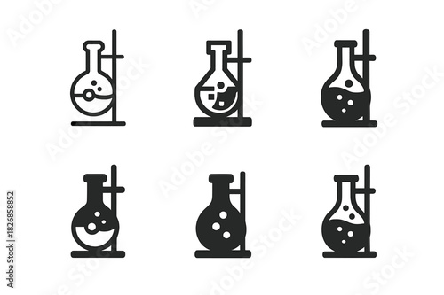 Science Logo Variations. Science experiment setup. Icon set. Set Logo of science experiment setup: chemical reaction flask. harmonious logo variations of the