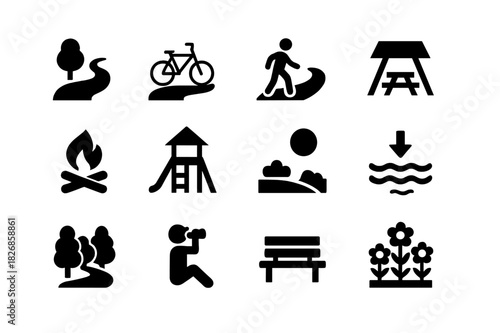Recreational Landscape Icons. Recreational landscape. Solid icon set of Recreational landscape: park path, bike trail, footpath, picnic spot, campfire,