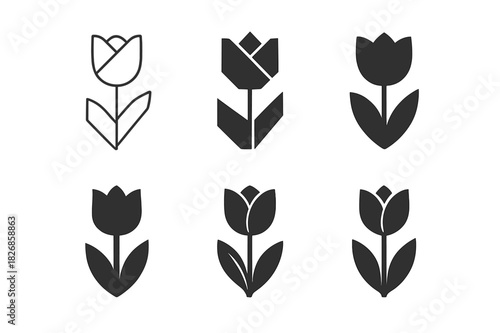 Tulip Logo Variations. Tulip. Icon set. Set Logo of tulip: tulip stem and leaf. harmonious logo variations of the same emblematic concept, each with different