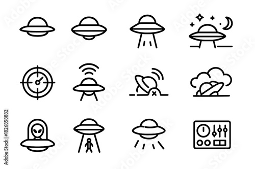 UFO Icon Set. UFOs. Line icon set of UFOs: flying saucer, hovering craft, light beam, abduction, night sky, radar, signal wave, crashed UFO, cloud cover, alien