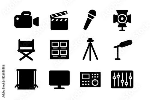 TV Production Icons. TV commercial production. Solid icon set of TV commercial production: camera, clapperboard, microphone, lighting rig, director chair,