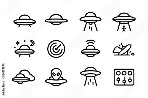 UFO Icon Set. UFOs. Line icon set of UFOs: flying saucer, hovering craft, light beam, abduction, night sky, radar, signal wave, crashed UFO, cloud cover, alien