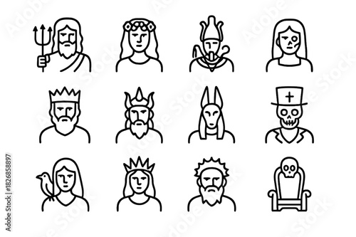 Underworld Icons Collection. Underworld rulers. Line icon set of underworld rulers: Hades, Persephone, Osiris, Hel, Pluto, Yama, Anubis, Baron