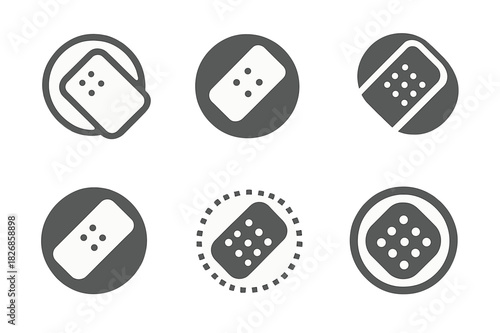 Plaster Patch Logos. Plaster patch. Icon set. Set Logo of Plaster patch: rectangular patch overlapping a circle. harmonious logo variations of the same