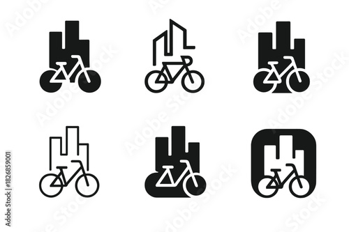 Urban Mobility Logos. Urban Mobility. Icon set. Set Logo of Urban Mobility: bicycle and city skyline. harmonious logo variations of the same emblematic