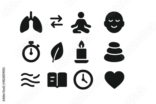 Mindful Breathing Icons. Mindful breathing. Solid icon set of Mindful breathing: lungs icon, breath arrows, meditation pose, calm face, timer, nature leaf,