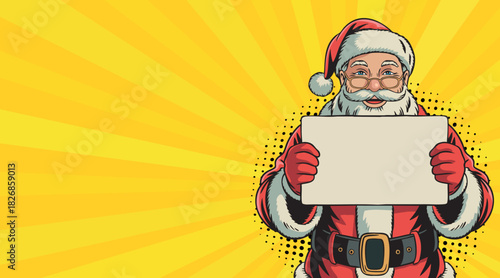 Pop art Santa with a blank sign. Comic book style pop art.