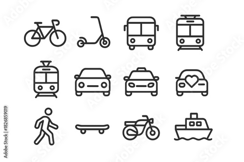 Urban Mobility Icons. Urban mobility. Line icon set of urban mobility: bicycle, electric scooter, bus, metro train, tram, car, taxi, rideshare car, pedestrian,