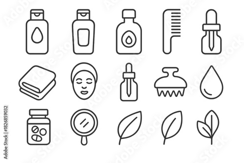Healthy Hair Icons. Healthy hair routine. Line icon set of healthy hair routine: shampoo, conditioner, hair oil, comb, towel, mask, serum, scalp brush,