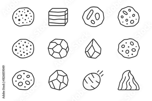 Igneous Rock Icons. Igneous rocks. Line icon set of igneous rocks: granite, basalt, rhyolite, andesite, diorite, gabbro, obsidian, pumice, scoria, pegmatite,