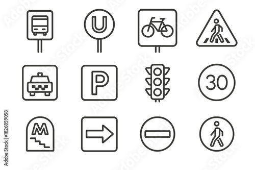 Urban Transport Icons. Urban transport signs. Line icon set of urban transport signs: bus stop, subway sign, bike lane, pedestrian crossing, taxi stand,