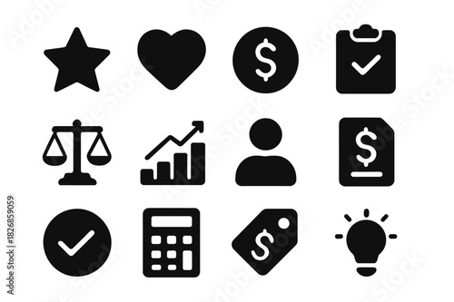 Value-Based Pricing Icons. Value-Based Pricing. Solid icon set of Value-Based Pricing: star, heart, coin, clipboard, scale, chart, person icon, document,