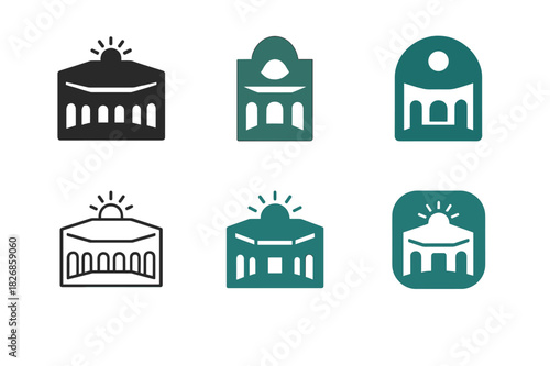 Varied Open Atrium Logos. Open Atrium. Icon set. Set Logo of Open Atrium: interior courtyard with natural light. harmonious logo variations of the same