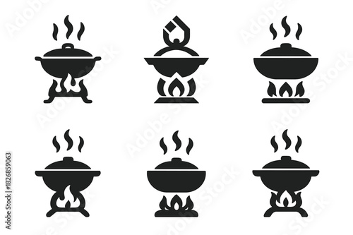 Hot Pot Logo Variations. Preparing a hot pot or fondue for a social meal with friends. Icon set. Set Logo of Preparing a hot pot or fondue for a social meal
