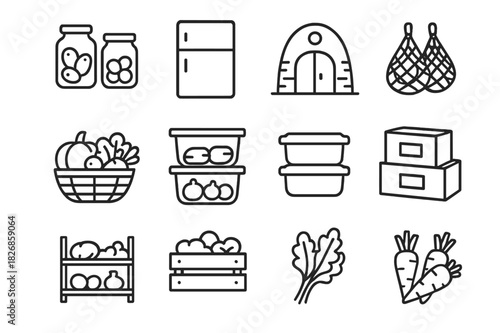 Vegetable Storage Icons. Vegetable Storage Set. Line icon set of Vegetable Storage Set: glass jars, refrigerator, root cellar, basket of vegetables, plastic